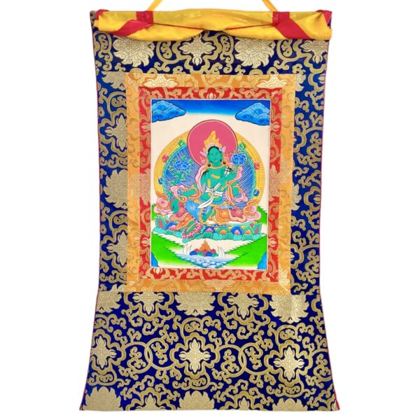 Thangka Tara Verde Brocado 56x82cm con fondo blanco